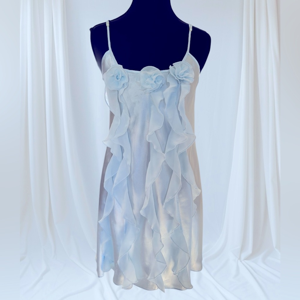 Flora Nikrooz Pastel Blue Cascade Ruffles Wedding Chemise Slip Dress Size S NWT